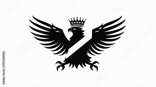 Black eagle crest with crown and wings spread on white background