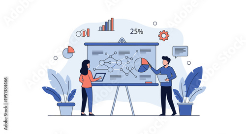 Two professionals conduct a data presentation using a large board with complex charts, network diagrams, and percentages.