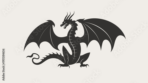 Silhouette of a dragon with wings outspread against a light background