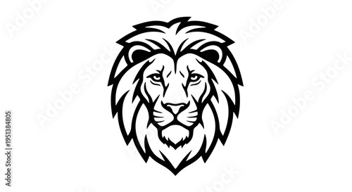 Bold black and white lion head illustration on a clean white background