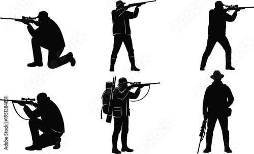 Professional hunter silhouettes set, sniper aiming rifle with scope, outdoors sportsman hunting activity collection, cad drawing flat vector illustration, isolated.