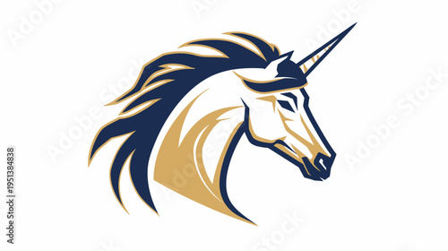 Stylized unicorn head emblem with horn and flowing mane on white background