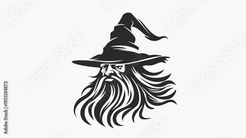 Mystical wizard portrait with long beard and pointed hat illustration