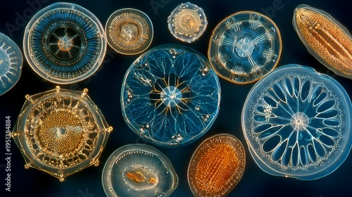 A variety of beautiful diatom aae arranged artistically to showcase intricate details of their glass like cell walls under a microscope.