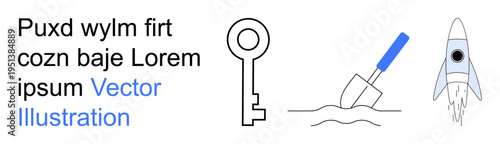 Innovation, exploration, startups, security, growth, technology. Hand-drawn key, shovel digging and a rocket launching. Innovation and exploration concepts for technology and startups