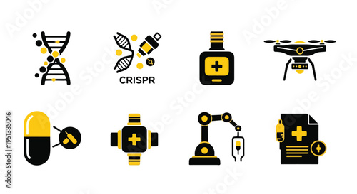 Set of 8 modern biotechnology and medical research vector icons in black and yellow, including DNA, CRISPR, drone, capsule, and robotic arm for science and healthcare applications