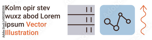 Data analysis, information systems, digital communication, network connectivity, server management, visual diagrams. A graph icon, server bars and arrows. Data analysis and information systems