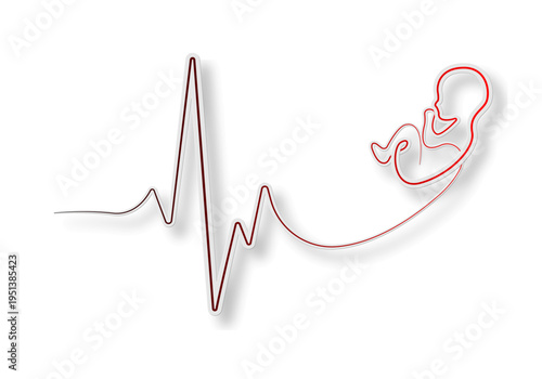 3D red gradient heartbeat pulse and baby fetus sticker vector