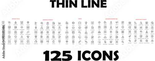 Title: Set of 125 thin line icons for business marketing and social media