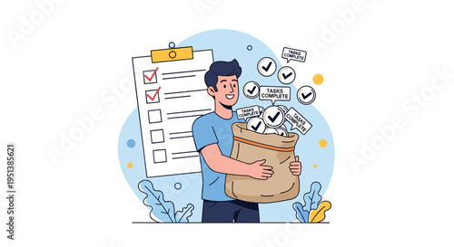 Happy man holds a large sack filled with completed task checkmarks while standing in front of a giant checklist document.
