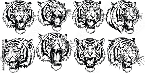 Roaring tiger head silhouette set on white background, wild animal mascot cad drawing flat vector illustration for sport logo design.