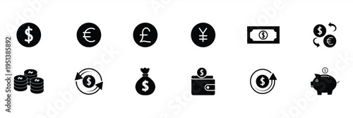 Currency and finance icon set with money, exchange rates, wallet, cash, savings, transactions, and financial savings symbols for banking and fintech applications. Vector illustration