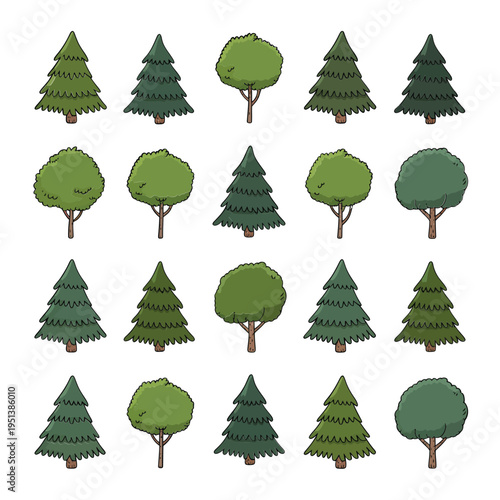 Schilderij op canvas Collection of cartoon trees in varying shapes and shades of green