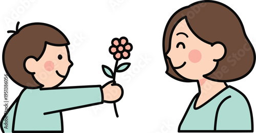 Small boy offers a single pink flower to his happy mother in a simple cartoon depiction of appreciation.