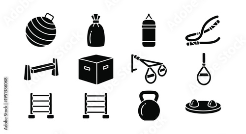 Set of 12 black silhouette gym and fitness equipment vector icons for workout apps, health websites, and sports branding