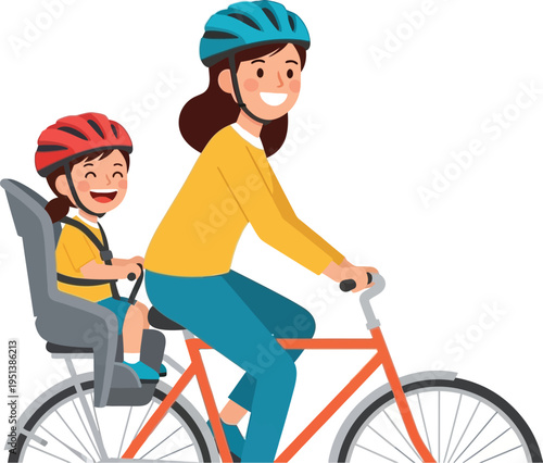 Smiling mother and child wear protective helmets while riding a bicycle together with the child seated in a rear carrier.