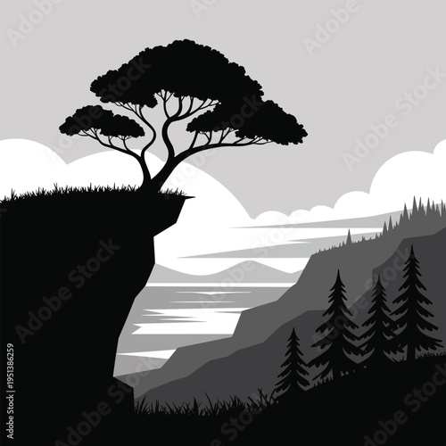 Silhouette Tree on Cliff Edge Overlooking Lake and Mountains Grayscale Landscape Stock Illustration