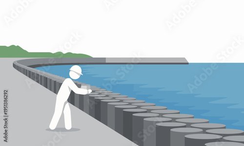 Worker Building Concrete Seawall for Coastal Protection Illustration