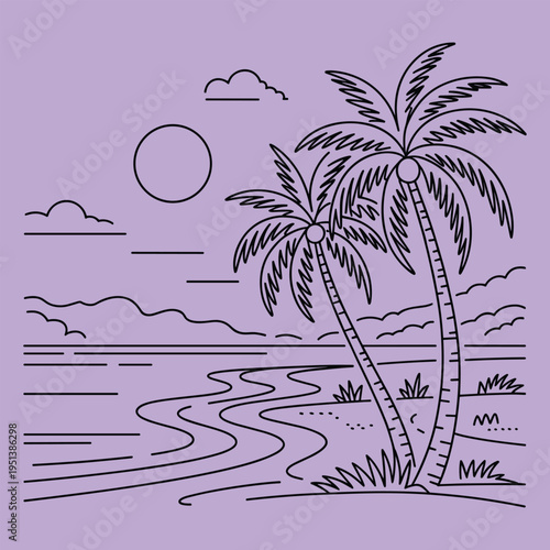 Minimalist Line Art Tropical Beach Scene with Palm Trees and Sun Line Drawing