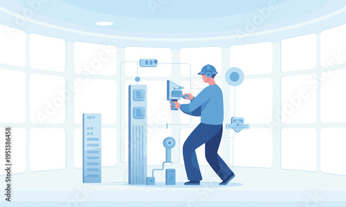 IT Technician Repairing Server in Blue Flat Vector Illustration
