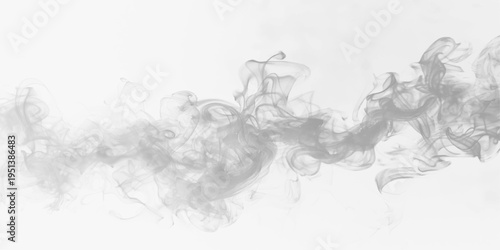Grey smoke plumes rise in smooth curves forming soft abstract patterns on transparent background. The effect is calm and ethereal. Great for layered graphics. PNG