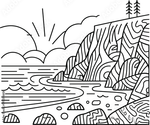 Coastal Cliff Landscape with Sun and Ocean Waves Minimalist Line Art Style