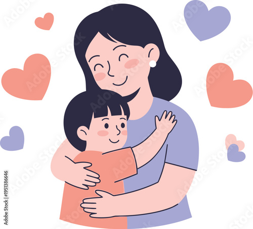 Affectionate mother embraces her young son surrounded by floating decorative hearts in a gentle graphic style.