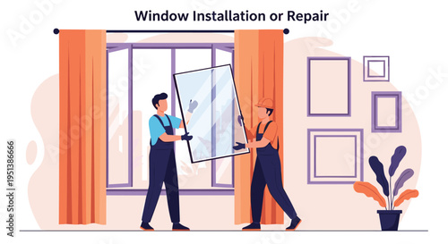 Two professional workers install or repair a large glass window in a living room with curtains and pictures on the wall.