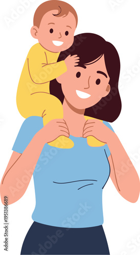 Mother carries a happy baby boy wearing a yellow outfit on her shoulders while smiling brightly.