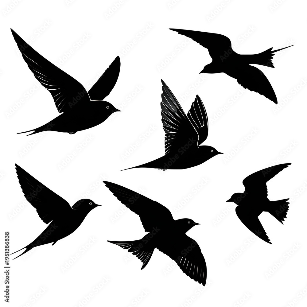 Obraz premium Collection of black silhouettes of swallows in flight against a white background