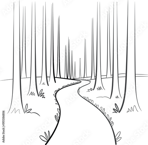 Winding Forest Path with Tall Trees and Greenery Hand-Drawn Sketch Style