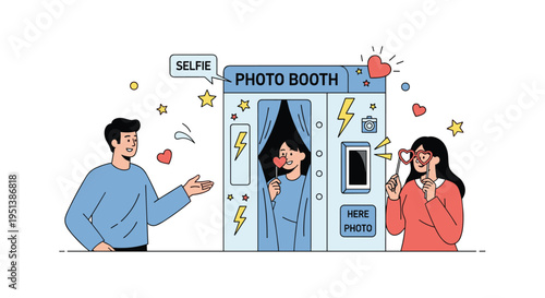 Friends have fun at a party using a colorful photo booth with props and taking selfies to capture memorable moments.