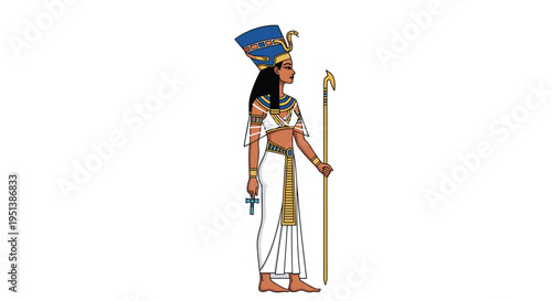Regal illustration of Queen Nefertiti in traditional ancient Egyptian attire holding a long staff and ankh symbol.