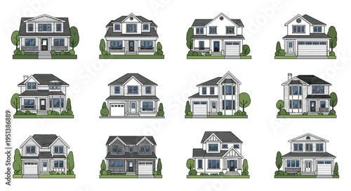 Large collection of diverse two-story suburban house designs with different architectural styles and garden landscapes.