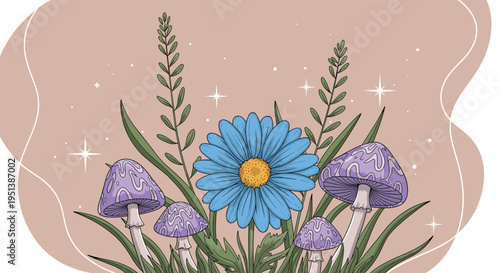 Magical nature illustration of purple spotted mushrooms and a bright blue daisy under a sky of twinkling stars.