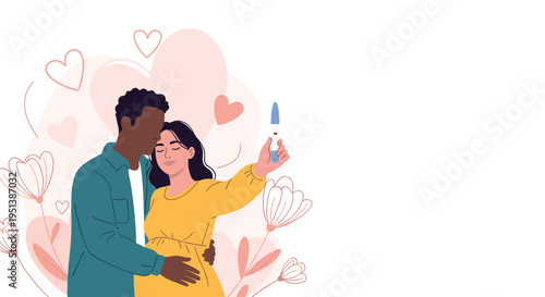 Happy young couple embraces while holding a positive pregnancy test result and celebrating news of their new baby.