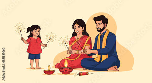 Indian family celebrates Diwali by lighting traditional oil lamps and playing with sparklers in a festive atmosphere.