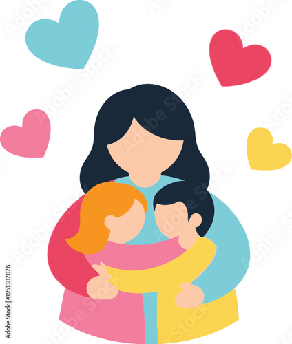 Woman embraces two young children tightly while floating hearts symbolize abundant family love and affection.