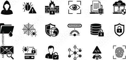 Cyber security protection icons set, data privacy encryption firewall antivirus hacking prevention secure network system digital safety vector illustration