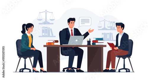 Lawyer discusses a case with a young couple in a professional office decorated with scales of justice and law books.