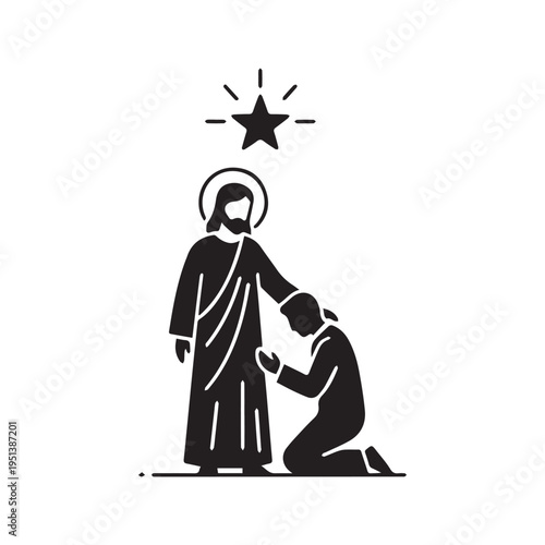 Jesus Christ comforting a kneeling repentant man silhouette icon vector illustration
