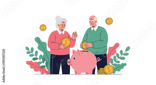 Elderly couple saves gold coins into a large pink piggy bank to ensure financial security for their retirement years.