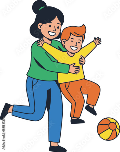 Mother happily embraces her energetic young son who is playing with a colorful striped ball.