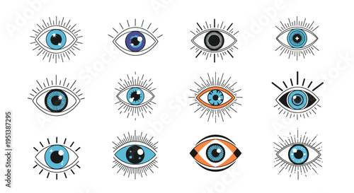 Artistic collection of various mystic eye symbols with rays, lashes, and celestial patterns for esoteric designs.