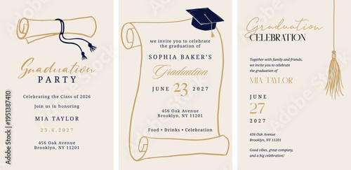 Class of 2026 elegant vintage graduation party and prom invitations with black and gold hand drawn line art elements.