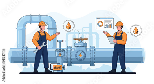 Industrial workers in safety uniforms and hard hats inspect a large utility pipeline with valves, gauges, and charts.
