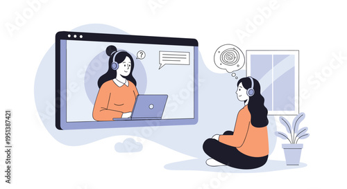 Young woman wearing headphones participates in a online therapy session with a counselor through a computer screen.