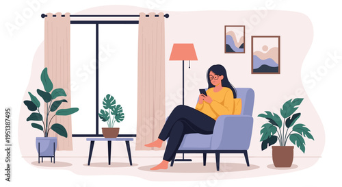 Young woman relaxes in a comfortable armchair at home while browsing her smartphone in a cozy room with green plants.