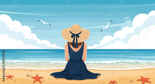 Woman wearing a straw hat and navy blue dress sits on a sandy beach watching seagulls fly over the ocean waves under a cloudy sky.