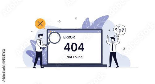 Concerned office workers look at a laptop screen showing a 404 error page while using a magnifying glass to investigate the problem.